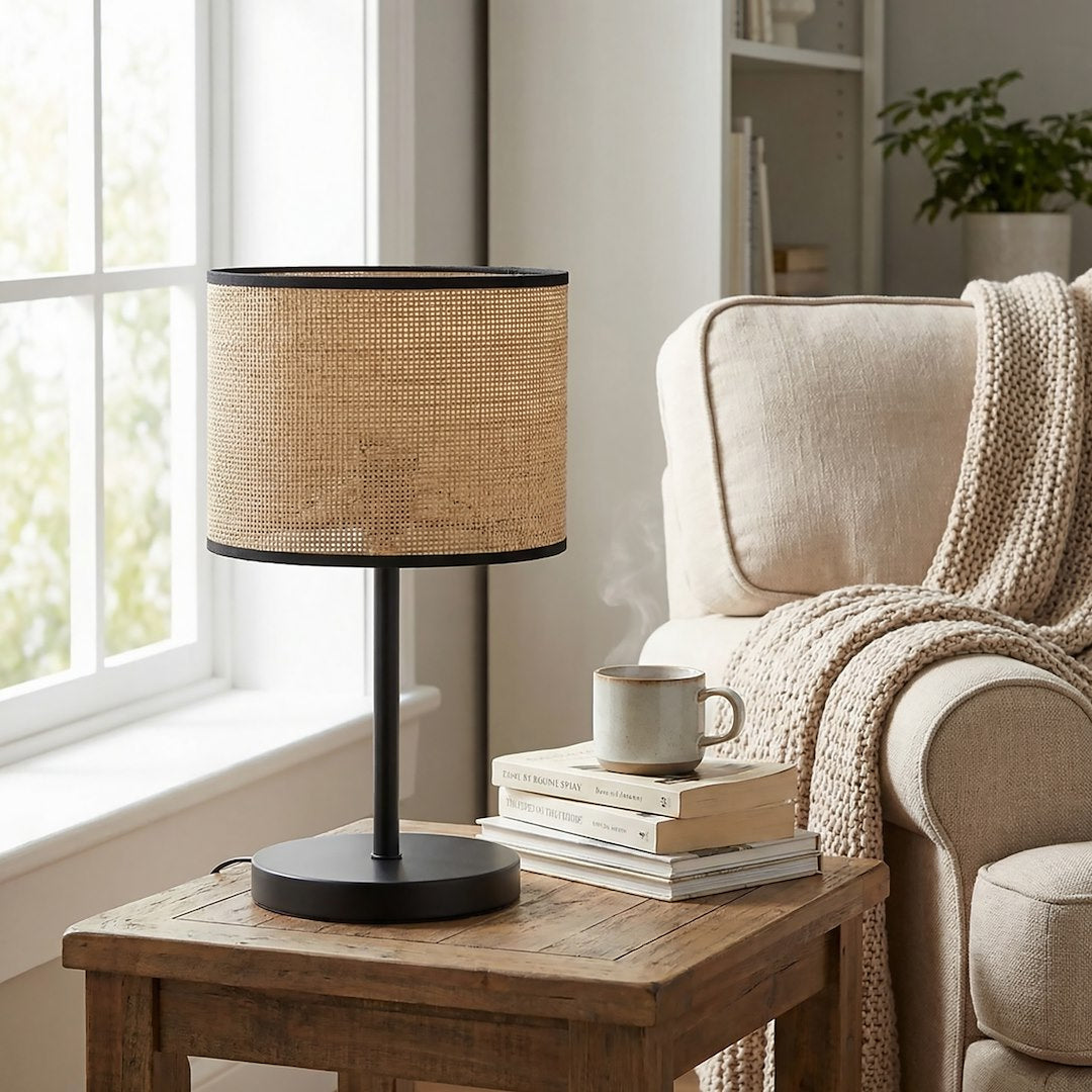 Mise en ambiance salon : luminaire sur table basse en bois, fauteuil beige et fenêtre