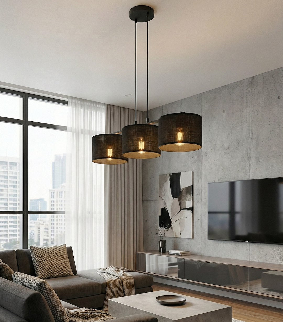 Suspension Eco 3 lumières noire, tissu noir