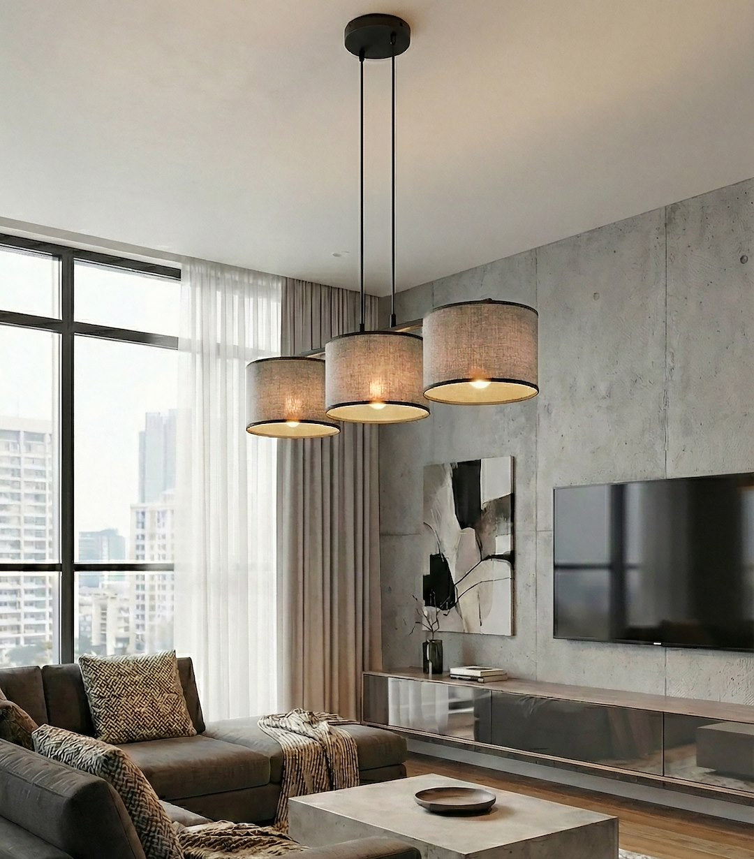 Suspension Eco 3 lumières grise, tissu gris