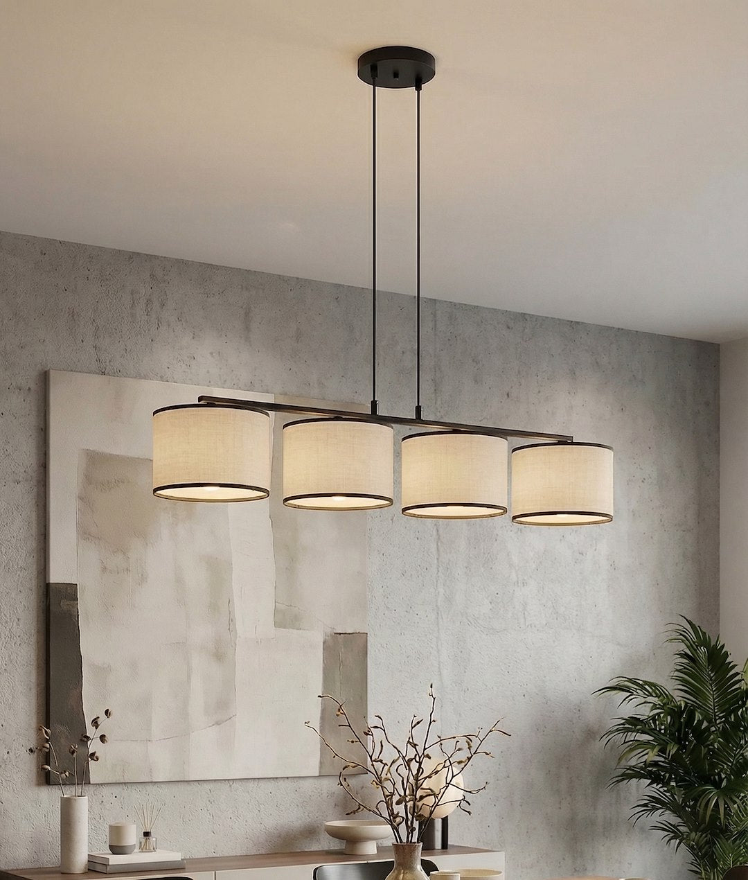 Suspension Eco 4 lumières grise et noire, tissu gris