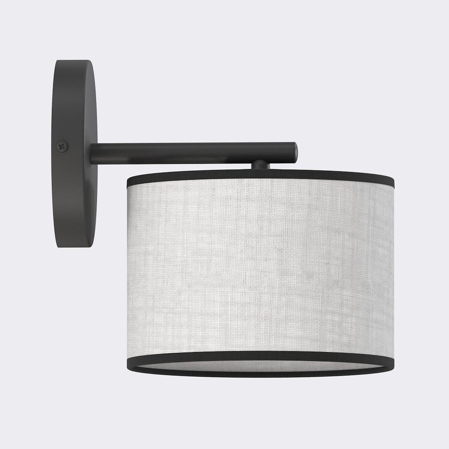 Applique murale noire et abat-jour cylindrique en tissu gris, vue de profil