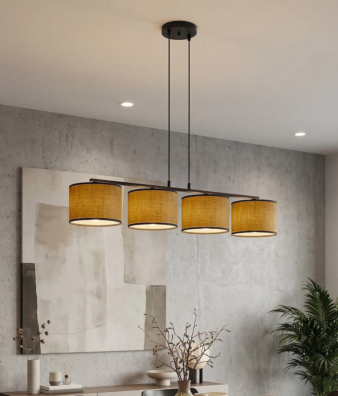Suspension Eco 4 lumières marron et noire, tissu marron