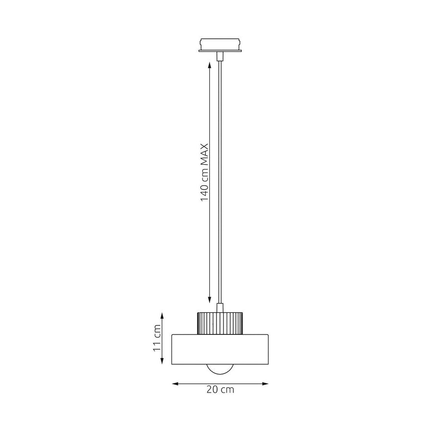Schéma coté indiquant 140 cm de câble, 11 cm de hauteur et 20 cm de diamètre