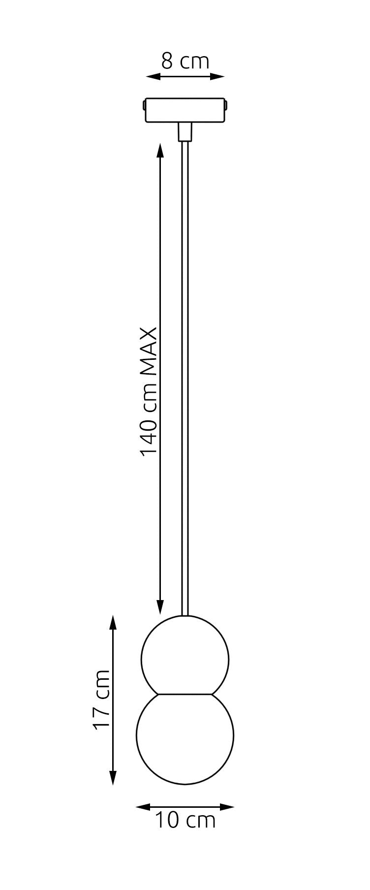 Schéma coté du luminaire, hauteur maximale 140 cm et diamètre 10 cm