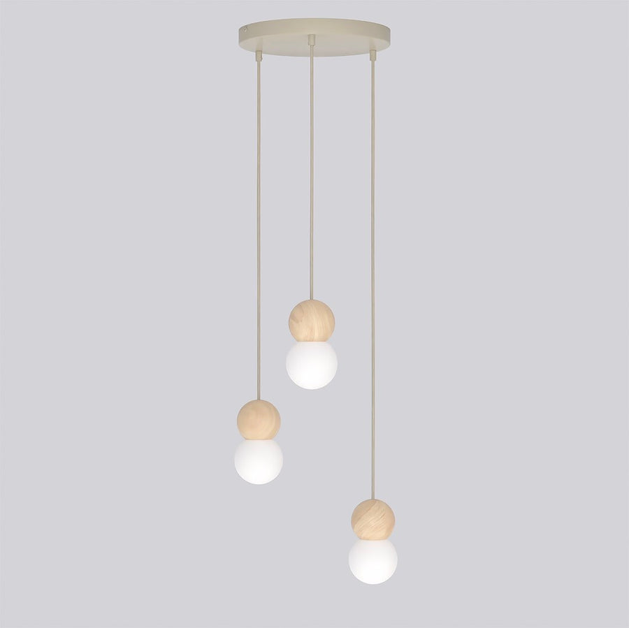 Vue de trois quarts du luminaire, câbles beiges et rosace ronde sur fond gris.