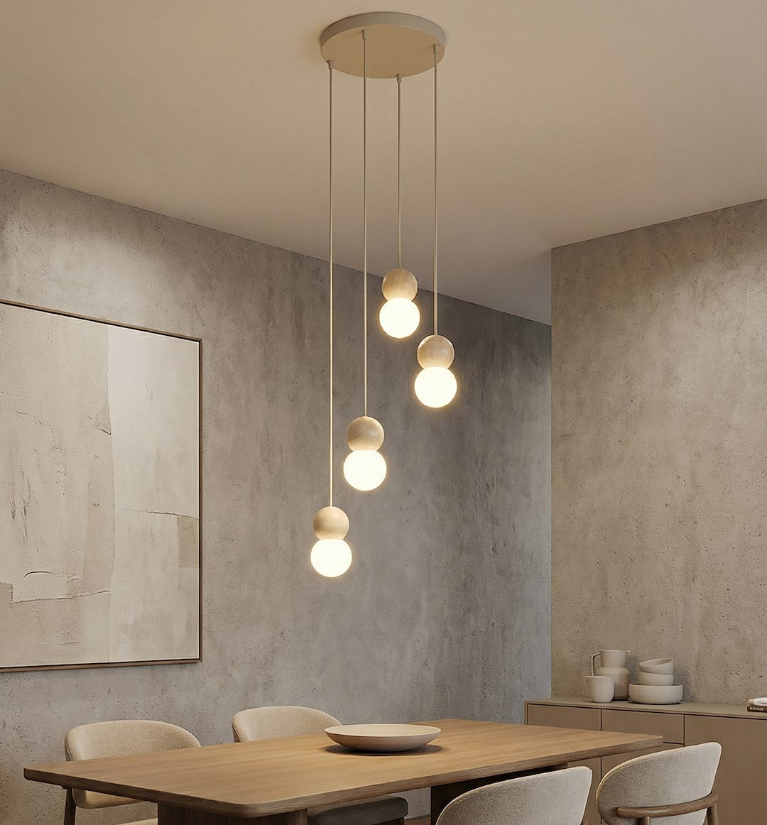 Suspension Loop 4 lumières beige, bois blanc
