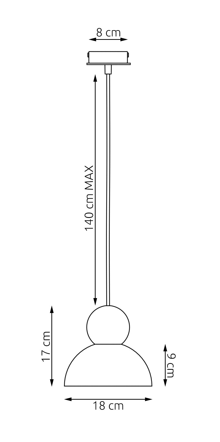 Schéma coté : 18 cm de diamètre, 17 cm de haut, câble 140 cm.