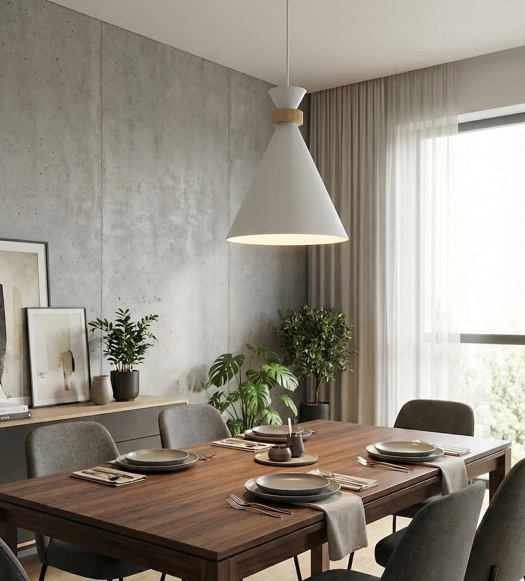 Seconde mise en ambiance avec plantes vertes, rideaux et table dressée