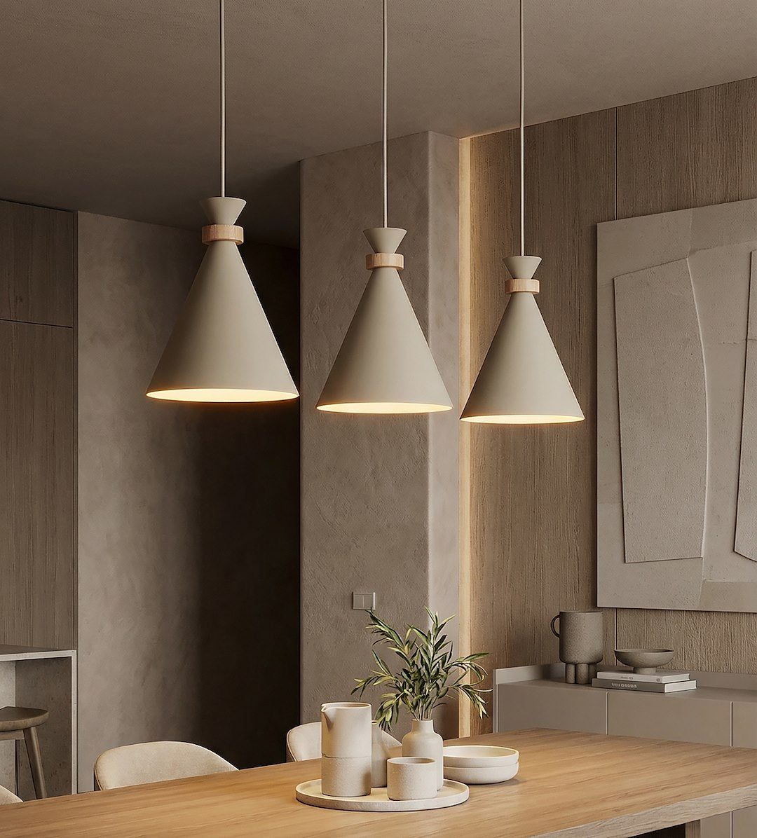 Suspension Zero 3 lumières beige, bois