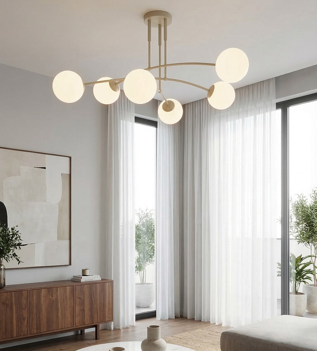 Plafonnier Pregos 6 lumières beige, verre blanc