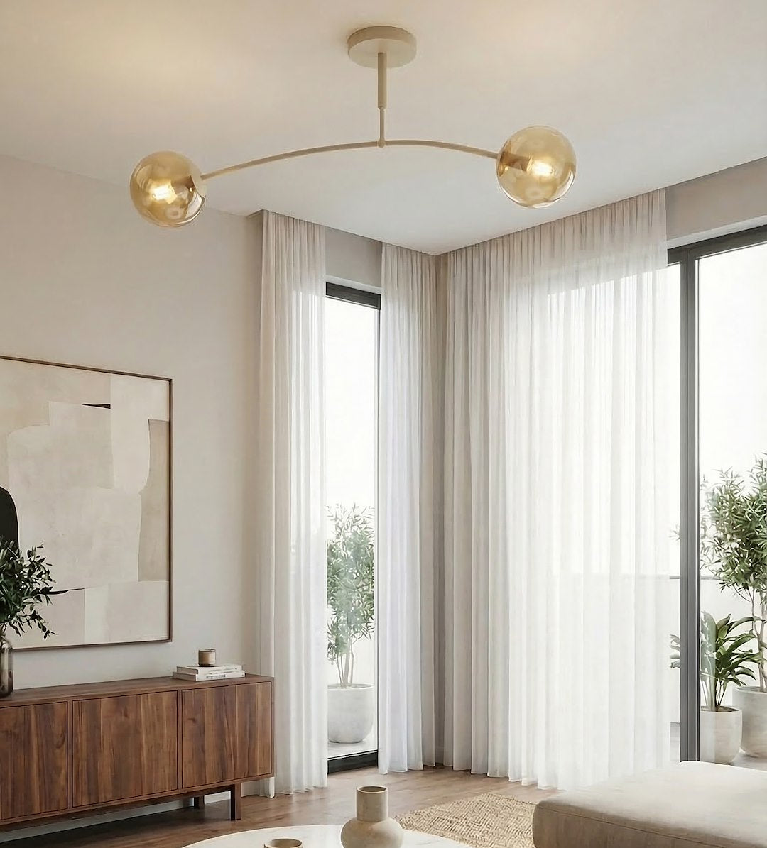 Plafonnier Pregos 2 lumières beige, verre ambré