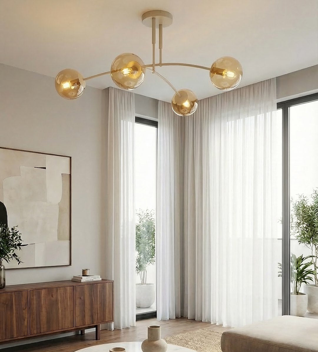 Plafonnier Pregos 4 lumières beige, verre ambré