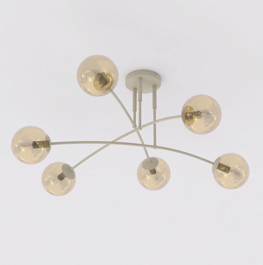 Vue de face du plafonnier beige à six globes de verre ambré