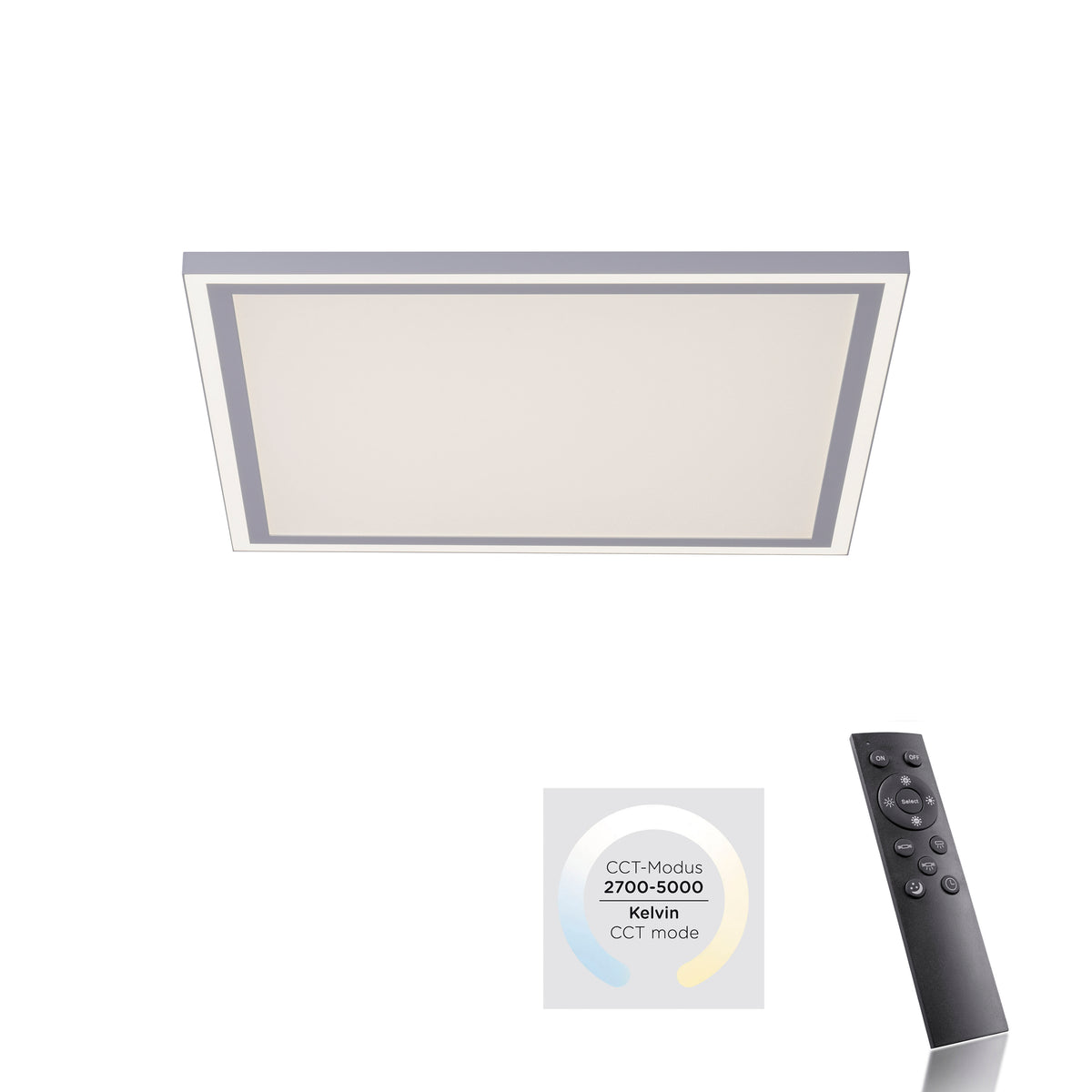 Plafonnier présenté avec sa télécommande et l'indication de température de couleur réglable