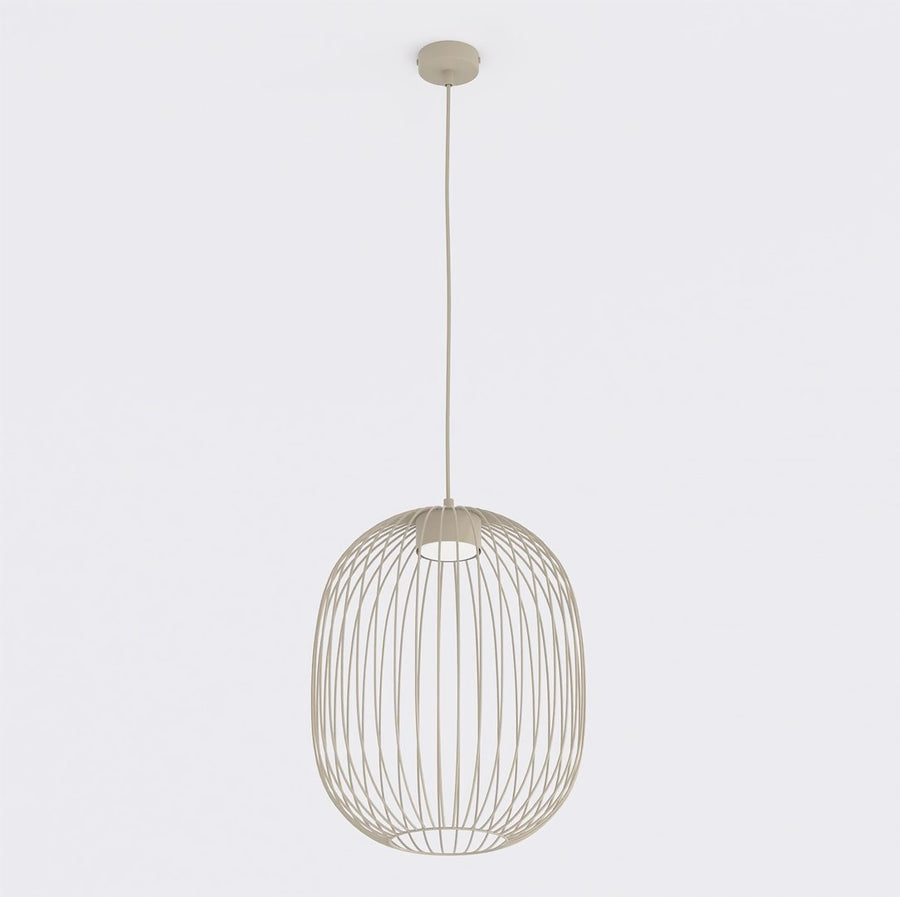 Suspension beige à cage métallique ovale vue de face sur fond blanc