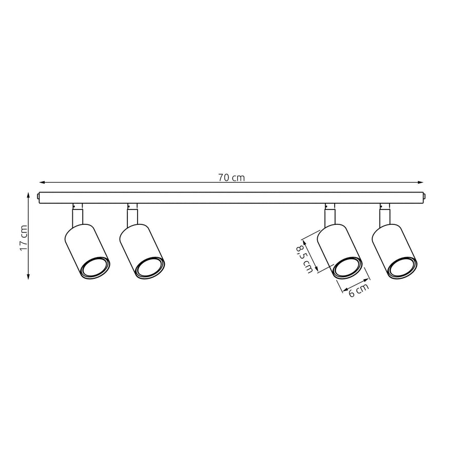 Schéma coté du plafonnier : longueur 70 cm, hauteur 17 cm, spot 8,5 cm