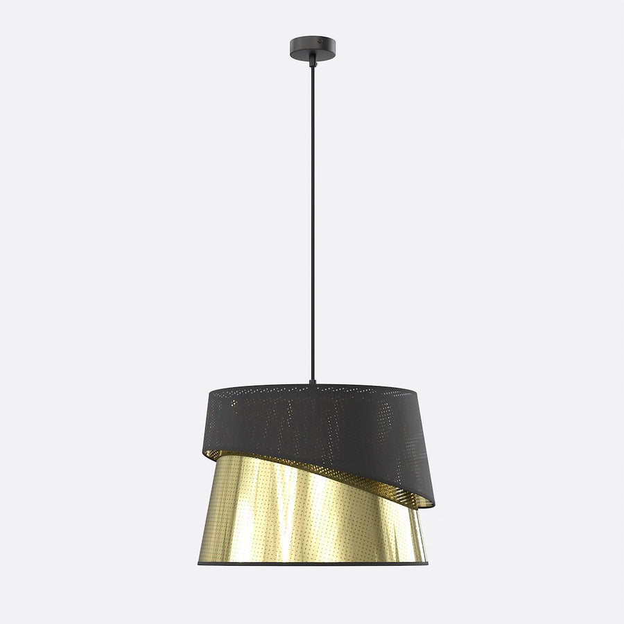 Suspension noire et dorée de face, abat-jour double cylindre perforé sur fond blanc