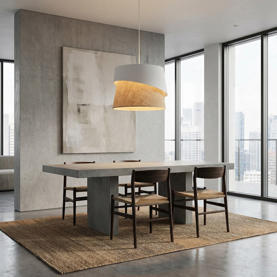 Suspension Canva blanche, rotin marron et blanc
