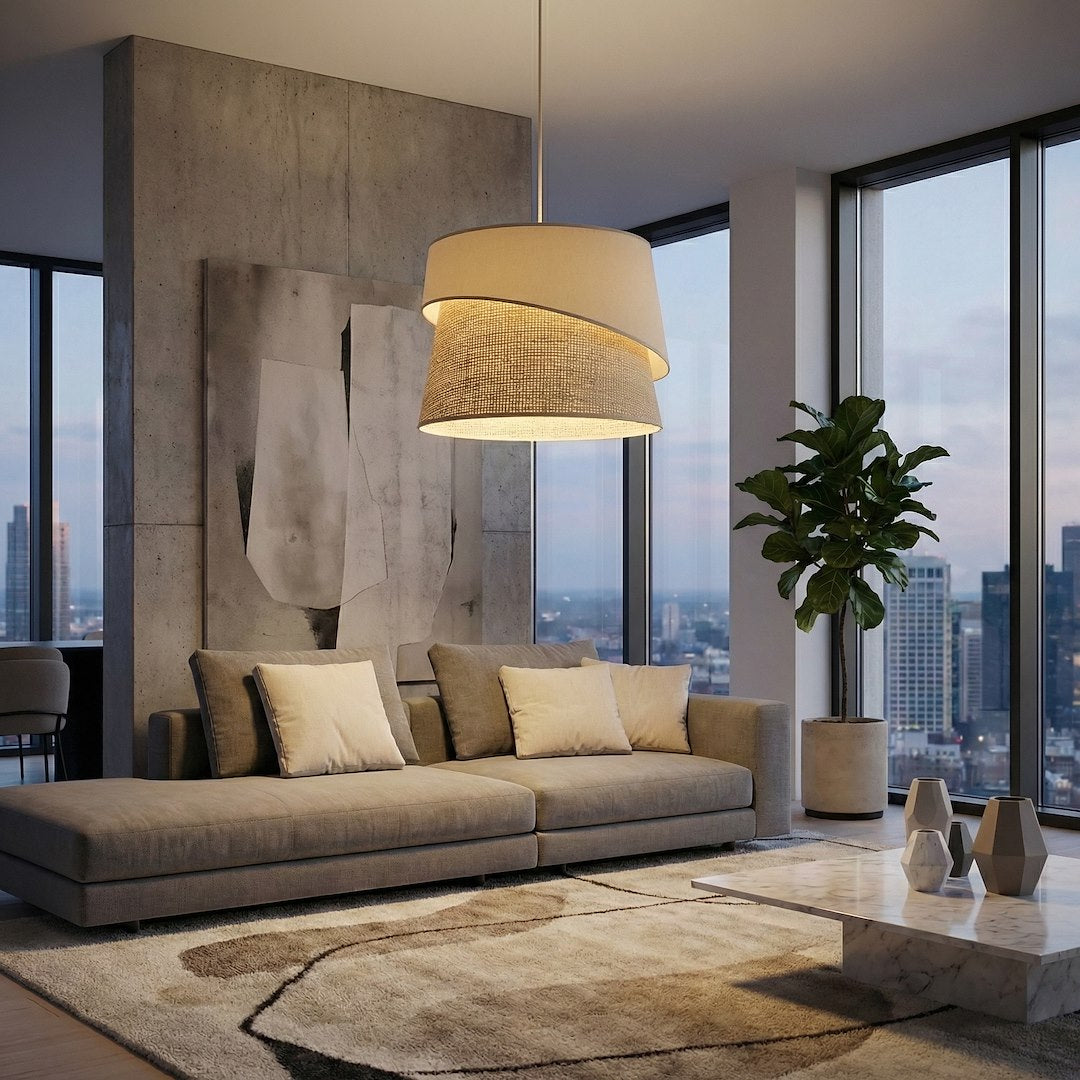 Suspension Canva beige, rotin marron et beige