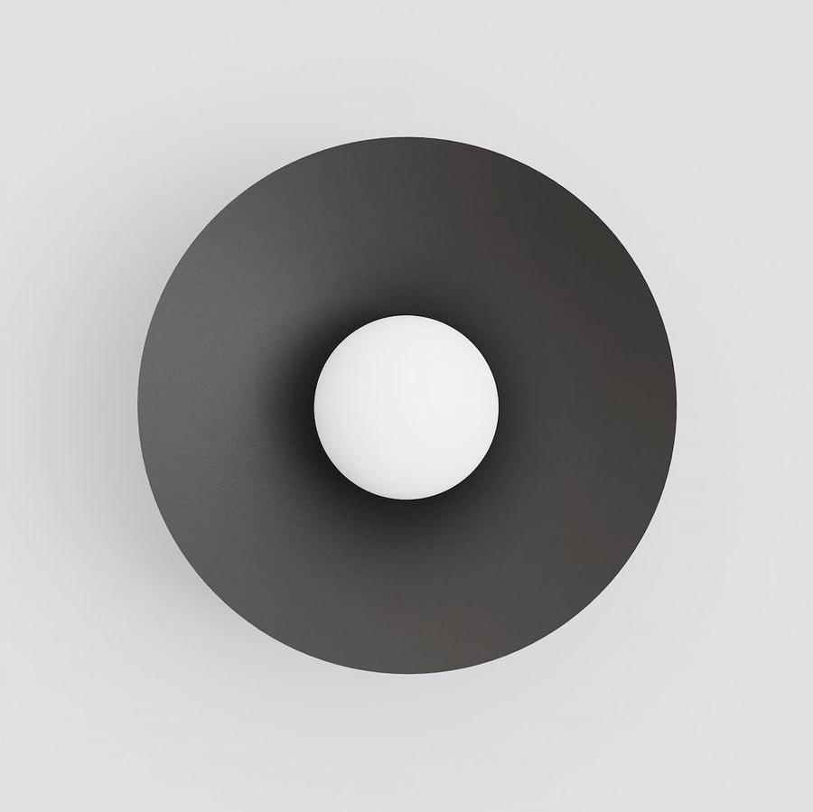 Vue de face montrant le disque métallique noir et le globe de verre blanc