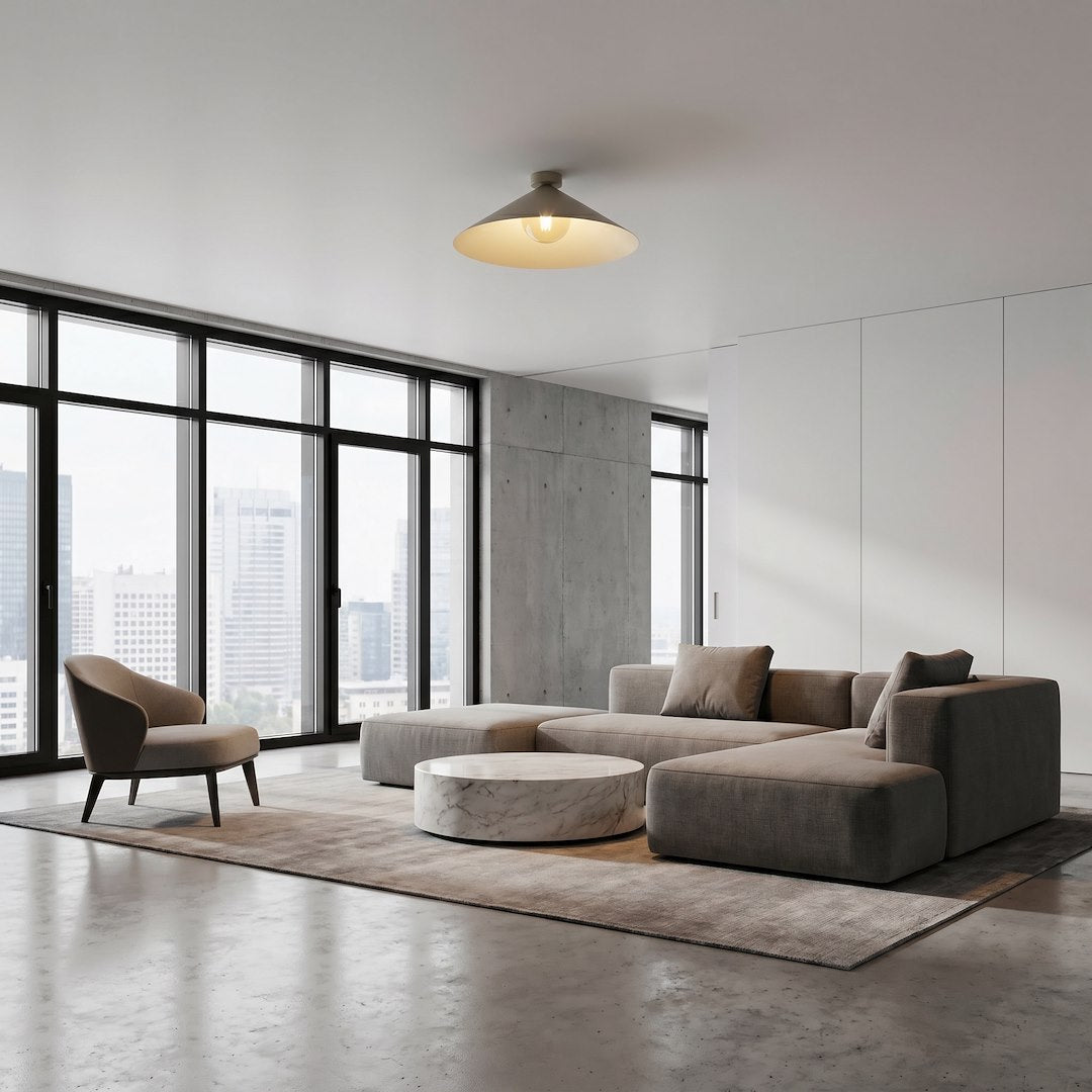 Mise en ambiance du luminaire dans un séjour moderne baigné de lumière naturelle