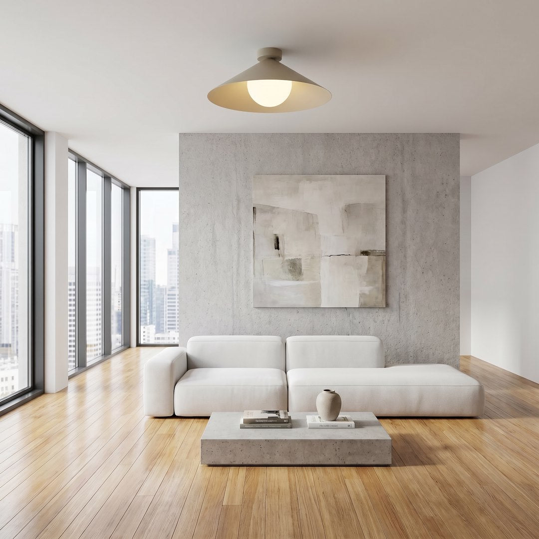 Ambiance intérieure avec plafonnier beige et verre blanc, grand salon minimaliste avec baies vitrées.