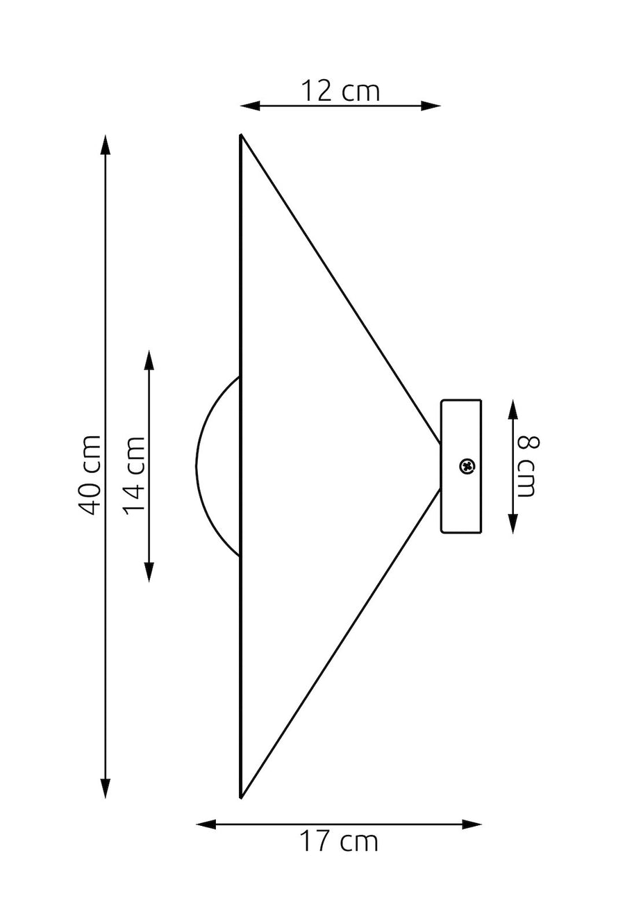 Schéma coté du plafonnier : hauteur 40 cm, diffuseur 14 cm, base 8 cm, largeur 17 cm.