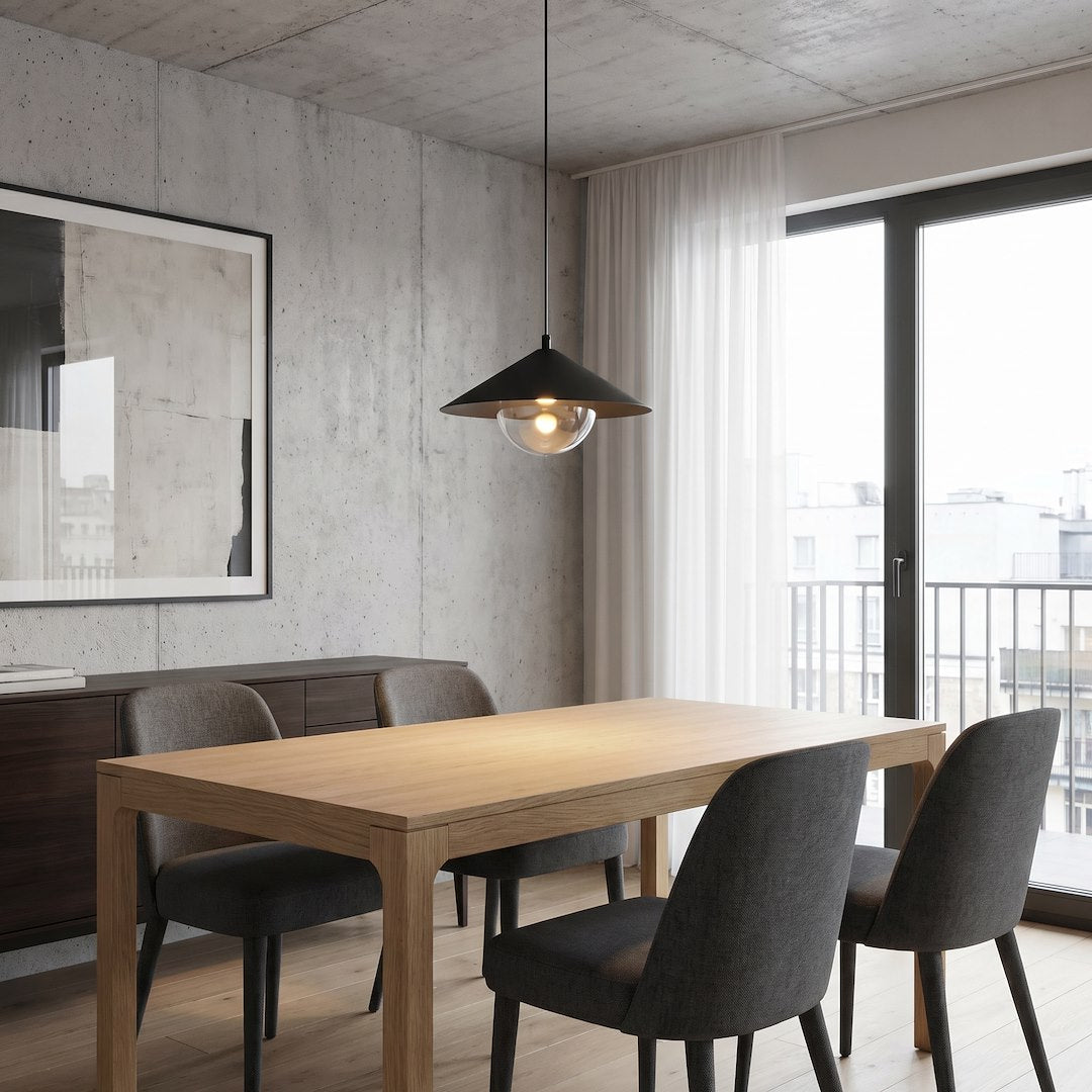 Mise en ambiance dans une salle à manger béton, suspension allumée au-dessus d'une table en bois.