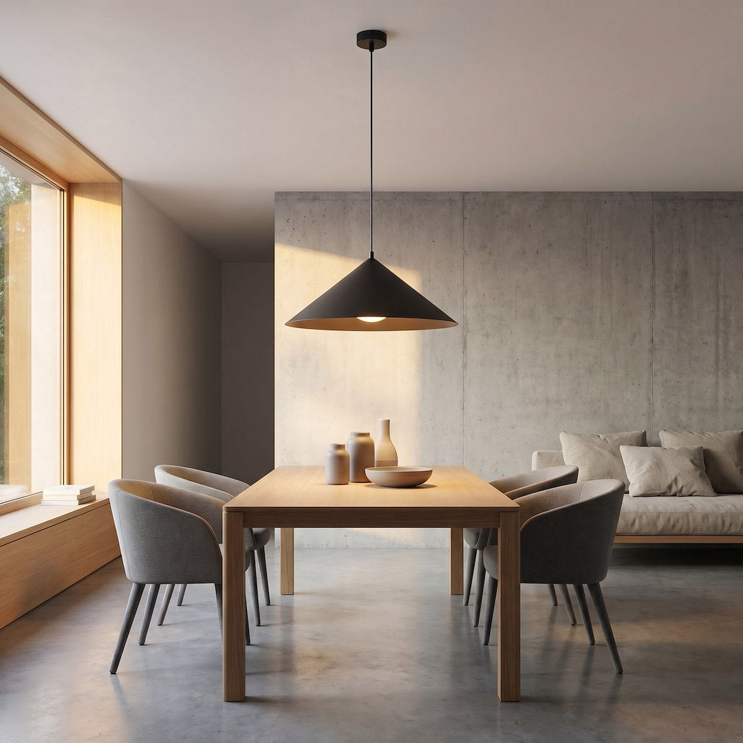 Mise en ambiance au-dessus d'une table à manger en bois dans un intérieur minimaliste