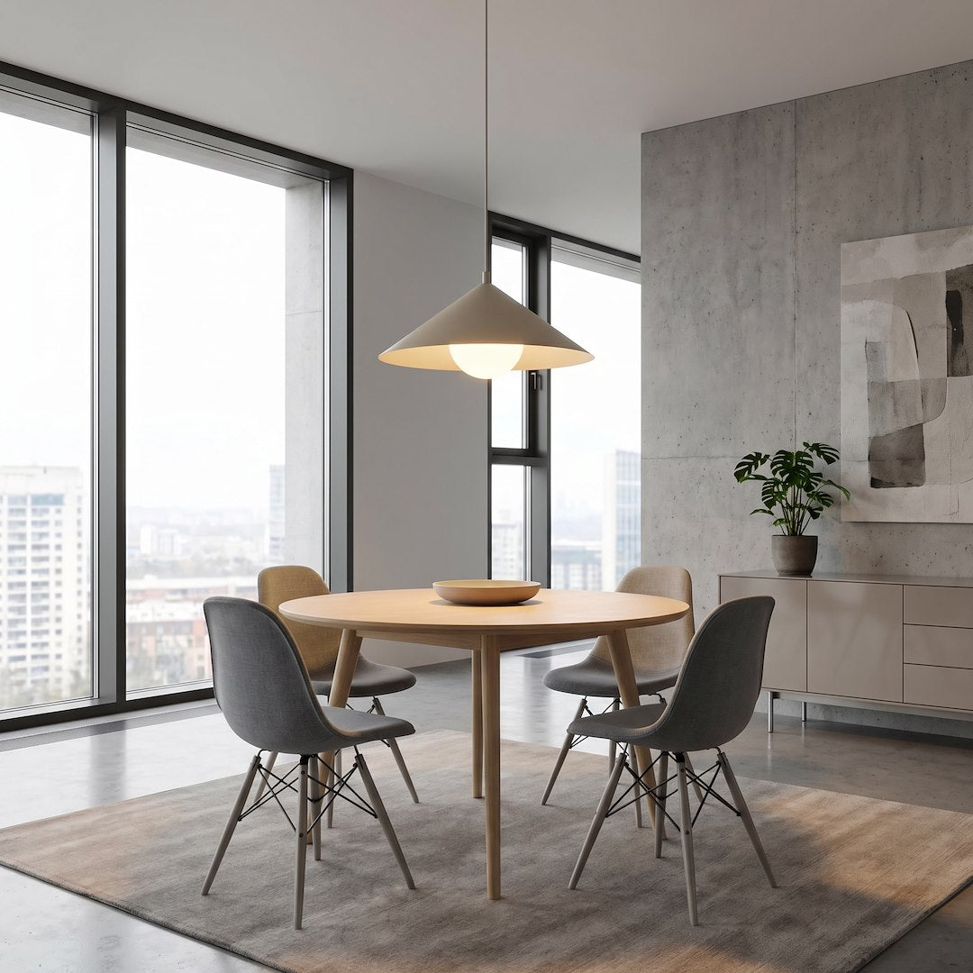 Mise en ambiance au-dessus d'une table ronde dans une salle à manger moderne.