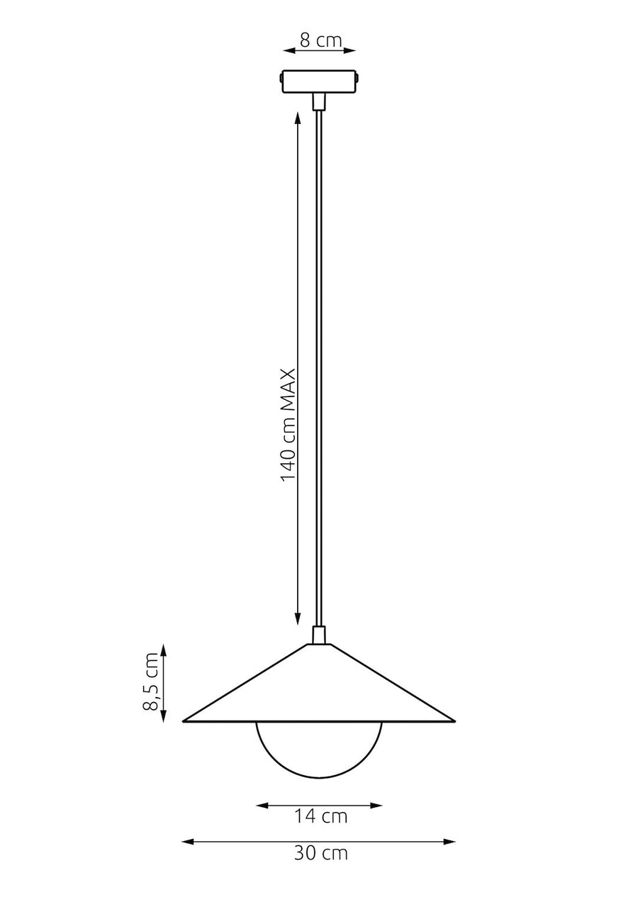 Schéma coté du luminaire : hauteur de câble 140 cm, abat-jour 8,5 cm, diamètre 30 cm