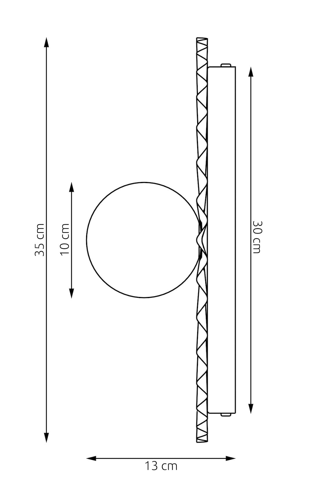 Schéma de dimensions avec hauteur 35 cm, profondeur 13 cm, diffuseur 10 cm.
