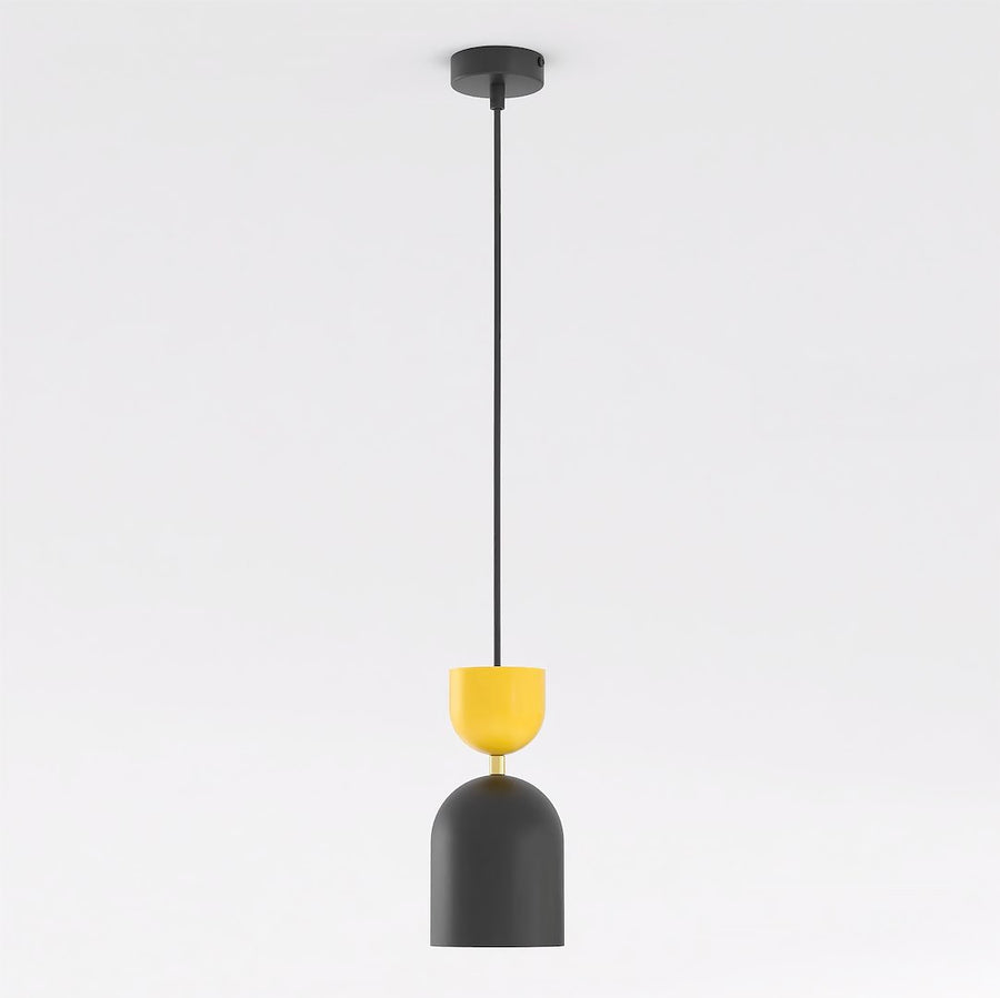 Suspension noire et jaune de face sur fond blanc, câble et rosace visibles