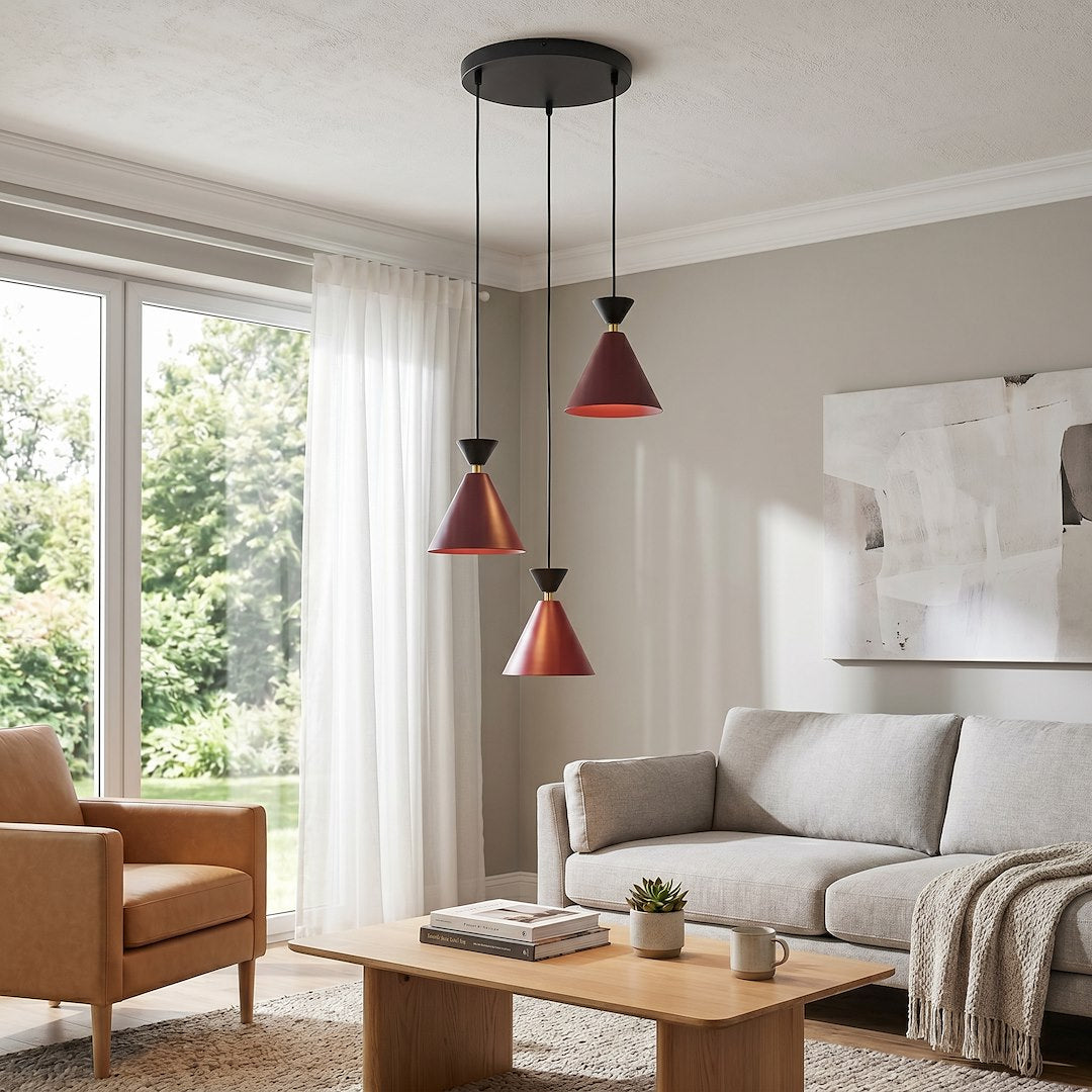 Suspension Klever 3 lumières noire et bordeaux, H 40 cm