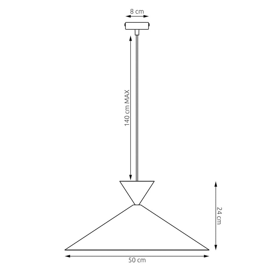 Schéma coté indiquant hauteur 24 cm, diamètre 50 cm et câble