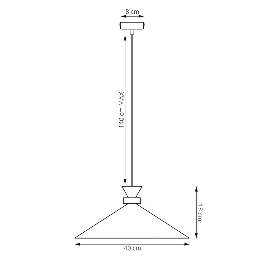 Schéma technique coté : hauteur 18 cm, largeur 40 cm, câble réglable jusqu'à 140 cm.