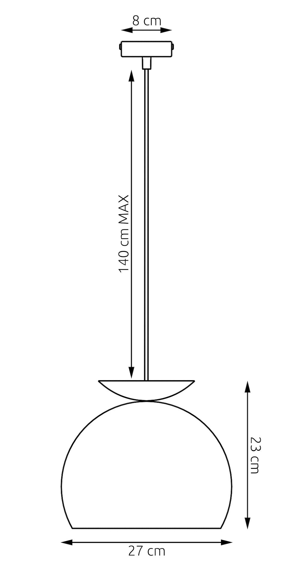 Schéma coté du luminaire, diamètre 27 cm, hauteur 23 cm, câble jusqu'à 140 cm