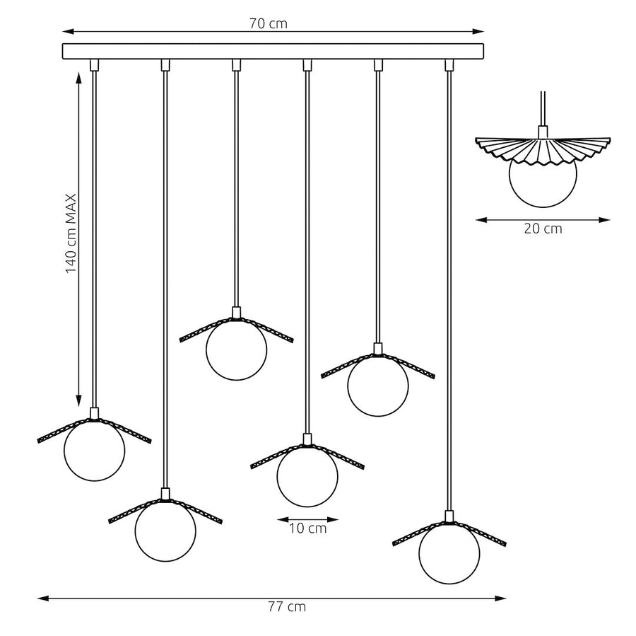 Suspension Flora 6 lumières noire, verre blanc