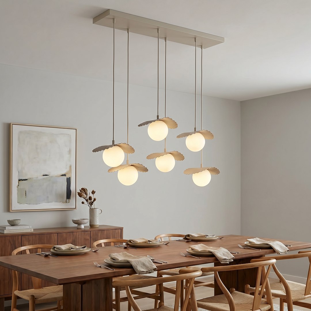 Suspension Flora 6 lumières beige, verre blanc
