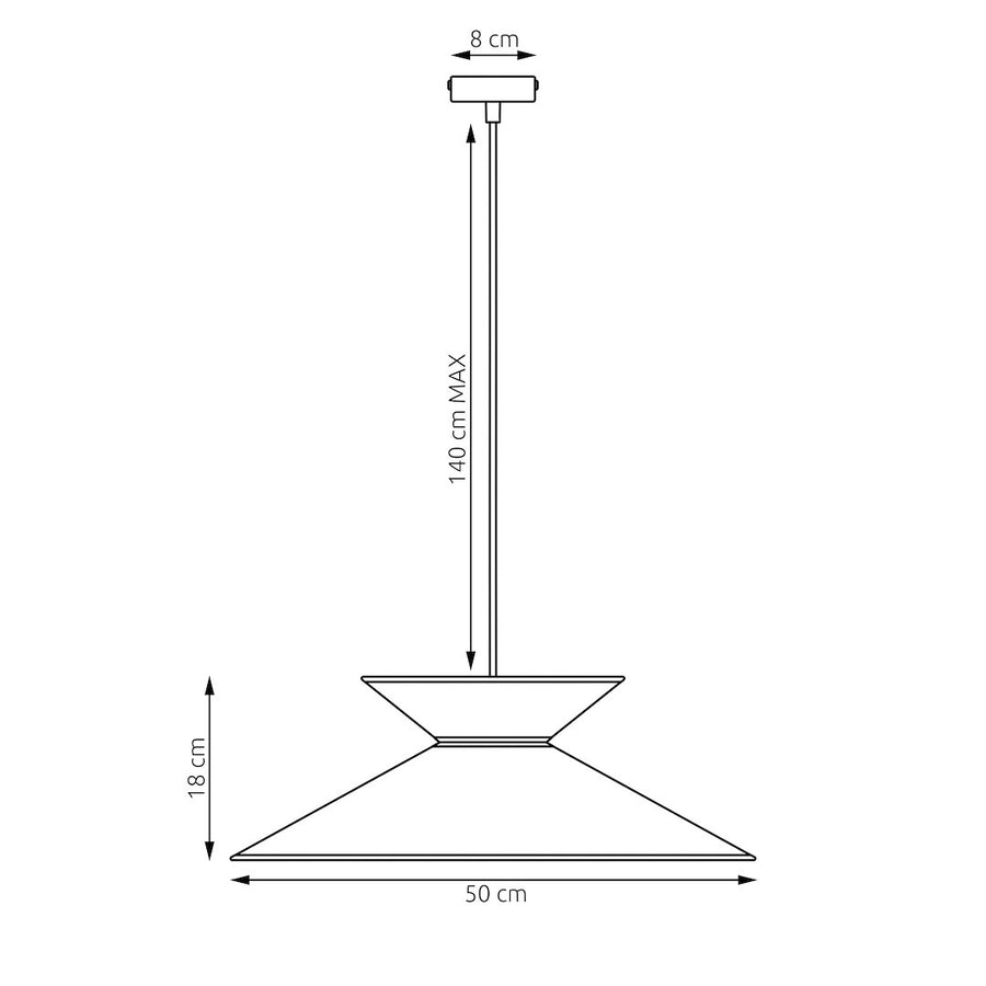 Schéma coté de la suspension, hauteur 18 cm, diamètre 50 cm et câble 140 cm.