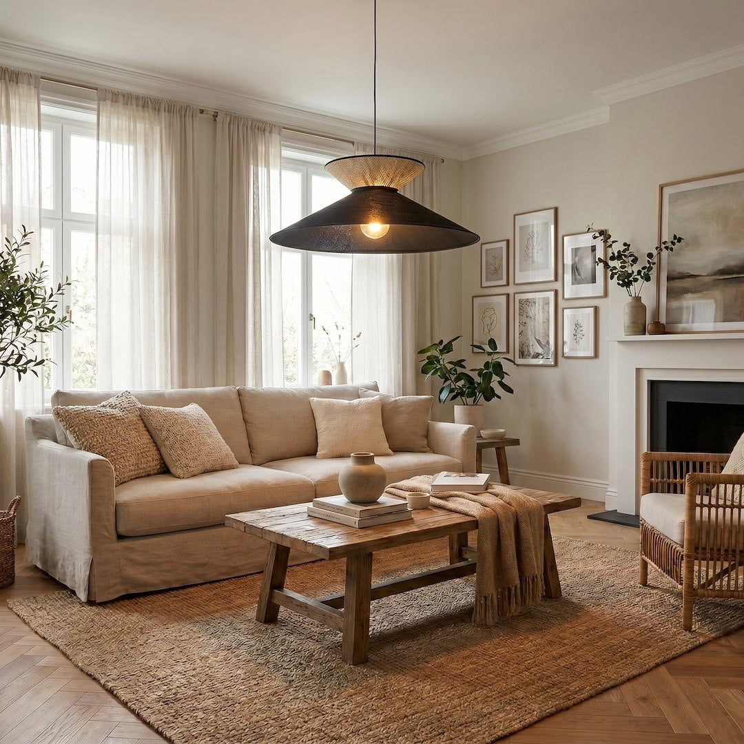 Mise en ambiance dans un salon beige, suspension allumée au-dessus de la table basse