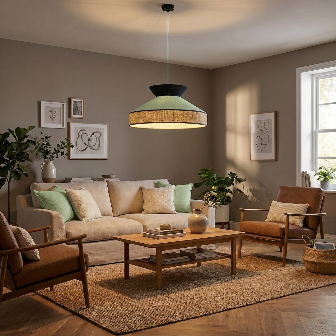 Mise en ambiance salon clair, suspension allumée diffusant une lumière chaude au plafond