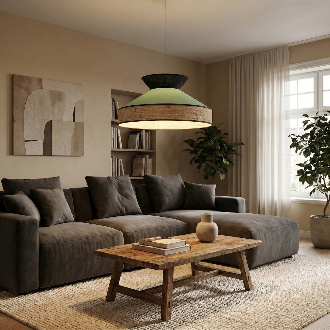 Ambiance séjour contemporain avec canapé gris, luminaire suspendu au-dessus du salon
