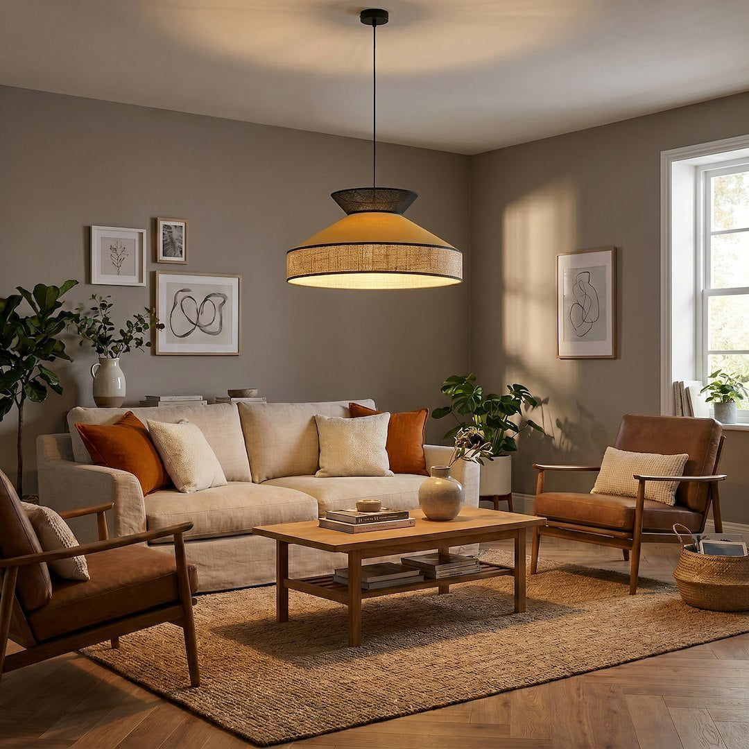 Mise en ambiance dans un salon beige, suspension allumée au-dessus du canapé