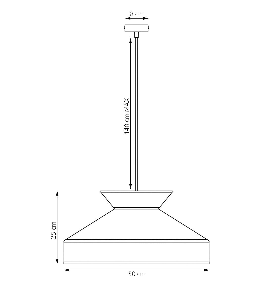 Schéma coté du luminaire, hauteur, diamètre et longueur du câble