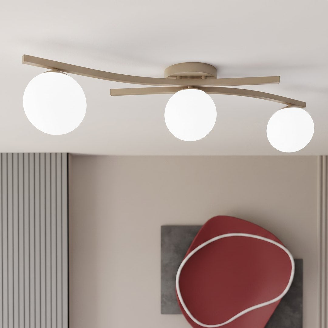Plafonnier Opus 3 lumières beige, verre blanc