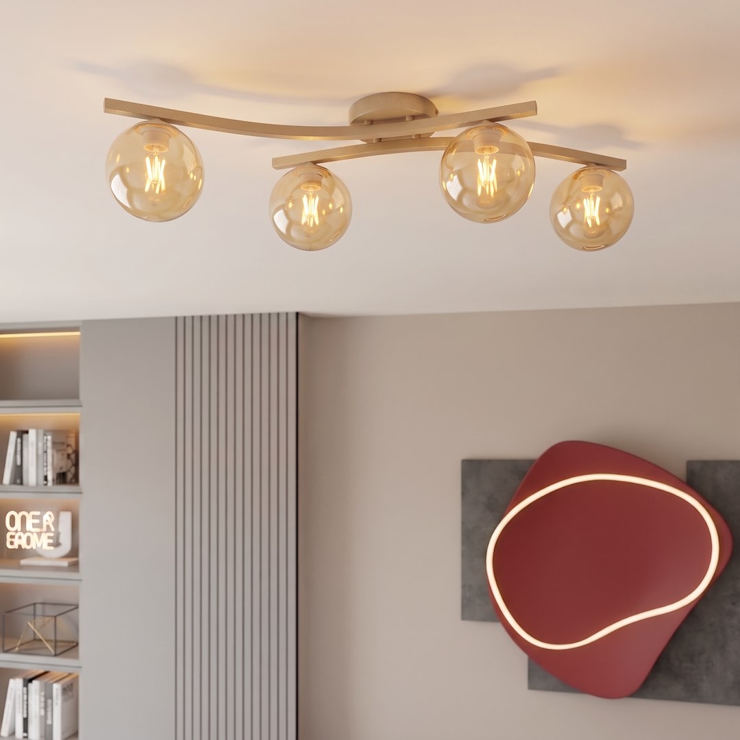 Plafonnier Opus 4 lumières beige, verre ambré