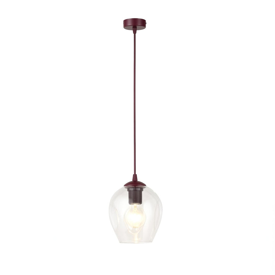 Suspension sur fond blanc, verre transparent globuleux et câble bordeaux, vue de face