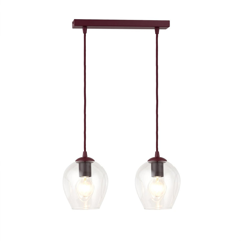 Suspension Istar 2 lumières bordeaux, verre transparent