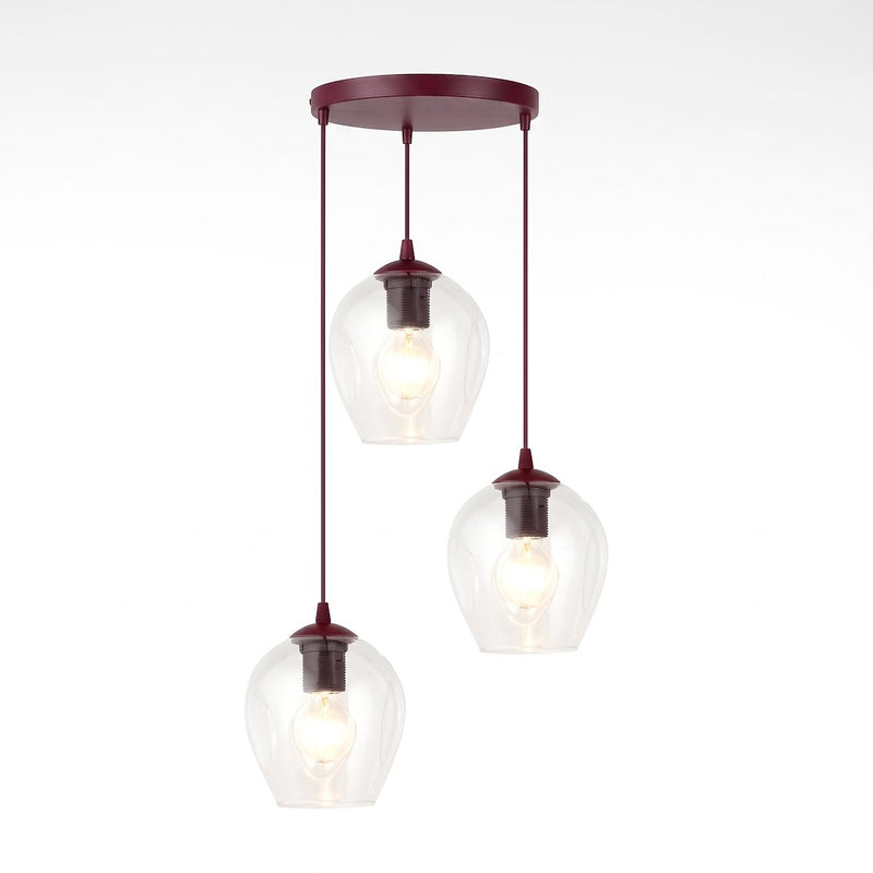 Suspension Istar 3 lumières bordeaux, verre transparent, H 40 cm